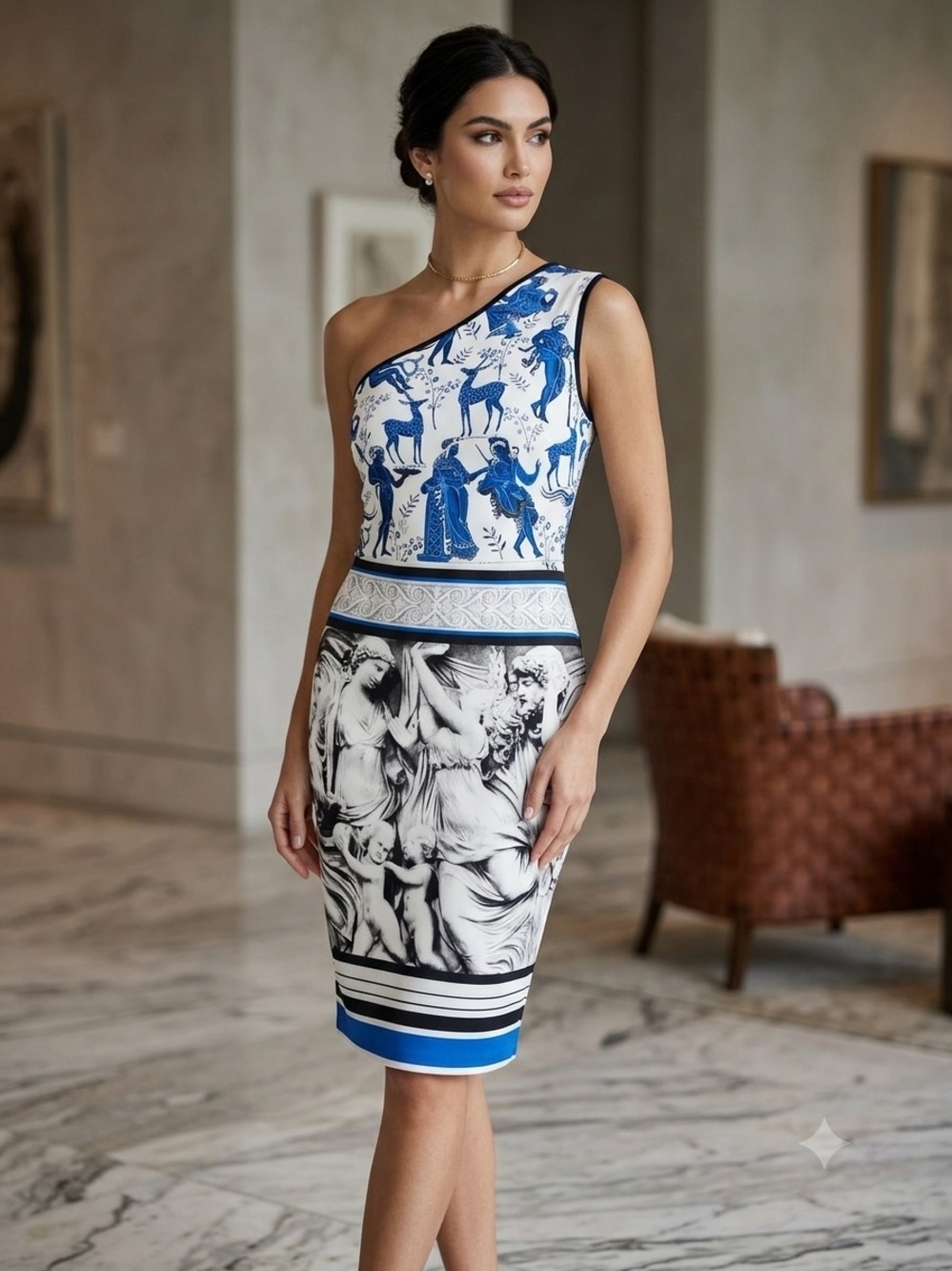 Clover Canyon One-Shoulder Blue and White Printed Sheath Dress